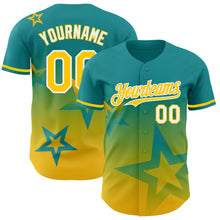 Load image into Gallery viewer, Custom Teal Yellow-White 3D Pattern Design Gradient Style Twinkle Star Authentic Baseball Jersey