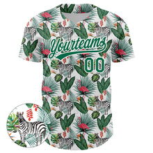 Laden Sie das Bild in den Galerie-Viewer, Custom White Kelly Green 3D Pattern Design Animal Zebra Flamingo And Hawaii Palm Leaves Authentic Baseball Jersey