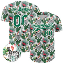 Laden Sie das Bild in den Galerie-Viewer, Custom White Kelly Green 3D Pattern Design Animal Zebra Flamingo And Hawaii Palm Leaves Authentic Baseball Jersey