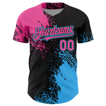 Load image into Gallery viewer, Custom Pink Black-Sky Blue 3D Pattern Design Abstract Brush Stroke Authentic Baseball Jersey