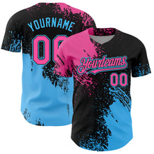 Load image into Gallery viewer, Custom Pink Black-Sky Blue 3D Pattern Design Abstract Brush Stroke Authentic Baseball Jersey