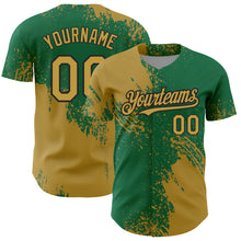 Laden Sie das Bild in den Galerie-Viewer, Custom Old Gold Kelly Green-Black 3D Pattern Design Abstract Brush Stroke Authentic Baseball Jersey