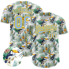 Загрузить изображение в средство просмотра галереи, Custom White Light Blue-Yellow 3D Pattern Design Animal Toucan And Tropical Hawaii Palm Leaves Authentic Baseball Jersey