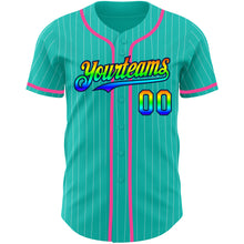 Laden Sie das Bild in den Galerie-Viewer, Custom Aqua White Pinstripe Rainbow Navy-Pink 3D Authentic Baseball Jersey