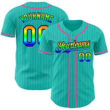 Laden Sie das Bild in den Galerie-Viewer, Custom Aqua White Pinstripe Rainbow Navy-Pink 3D Authentic Baseball Jersey