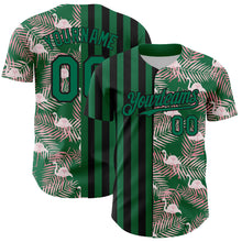 Laden Sie das Bild in den Galerie-Viewer, Custom Kelly Green Black 3D Pattern Design Tropical Palm Leaves And Famingo Authentic Baseball Jersey