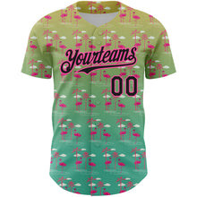 Laden Sie das Bild in den Galerie-Viewer, Custom Green Black-Pink 3D Pattern Design Tropical Hawaii Palm Trees And Flamingo Authentic Baseball Jersey