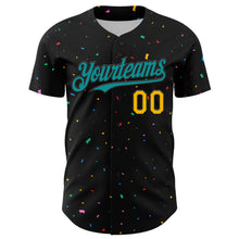 Загрузить изображение в средство просмотра галереи, Custom Black Teal-Gold 3D Pattern Design Confetti Authentic Baseball Jersey
