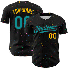 Загрузить изображение в средство просмотра галереи, Custom Black Teal-Gold 3D Pattern Design Confetti Authentic Baseball Jersey