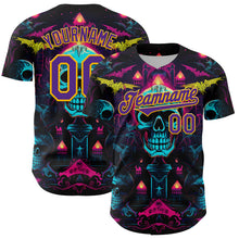 Laden Sie das Bild in den Galerie-Viewer, Custom Black Purple-Gold 3D Pattern Design Rave Skull Authentic Baseball Jersey