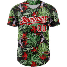 Load image into Gallery viewer, Custom Black Red-White 3D Pattern Design Tropical Plant And Bird Authentic Baseball Jersey