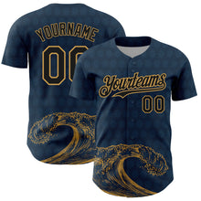 Загрузить изображение в средство просмотра галереи, Custom US Navy Blue Black-Old Gold 3D Pattern Design Wave Authentic Baseball Jersey