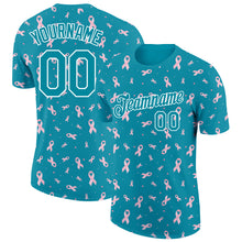 Laden Sie das Bild in den Galerie-Viewer, Custom Teal White 3D Pink Ribbon Breast Cancer Performance T-Shirt