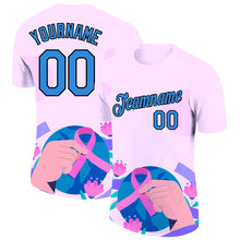 Laden Sie das Bild in den Galerie-Viewer, Custom Light Pink Powder Blue-Black 3D Pink Ribbon Breast Cancer Performance T-Shirt