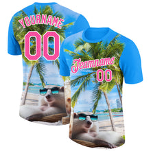 Laden Sie das Bild in den Galerie-Viewer, Custom Powder Blue Pink-White 3D Pattern Design Hawaii Palm Trees On Summer Beach Performance T-Shirt
