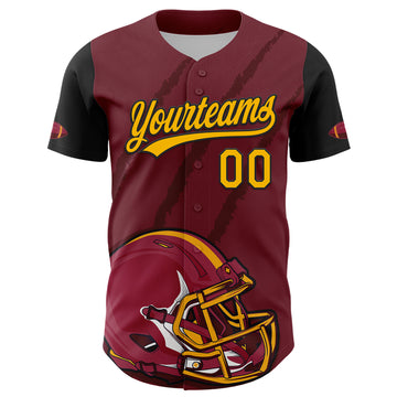 Custom Crimson Gold-Black 3D Pattern Design Football Helmet And Animal Claw Authentic Baseball Jersey