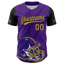 Load image into Gallery viewer, Custom Purple Old Gold-Black 3D Pattern Design Football Helmet And Animal Claw Authentic Baseball Jersey