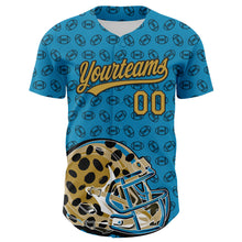 Загрузить изображение в средство просмотра галереи, Custom Panther Blue Old Gold-Black 3D Pattern Design Football Jaguar Helmet And Ball Authentic Baseball Jersey