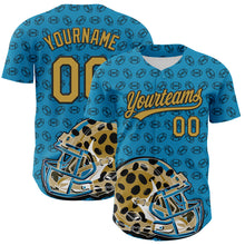 Загрузить изображение в средство просмотра галереи, Custom Panther Blue Old Gold-Black 3D Pattern Design Football Jaguar Helmet And Ball Authentic Baseball Jersey
