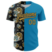 Загрузить изображение в средство просмотра галереи, Custom Panther Blue Old Gold-Black 3D Pattern Design Football Jaguar Helmet Authentic Baseball Jersey