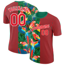 Загрузить изображение в средство просмотра галереи, Custom Fire Red Kelly Green-White 3D Tropical Hawaii Palm Leaves And Animal Parrot Performance T-Shirt