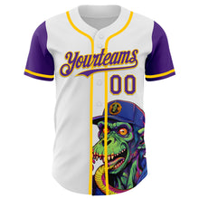 Laden Sie das Bild in den Galerie-Viewer, Custom White Purple-Yellow 3D Pattern Design Rave Monster Authentic Baseball Jersey