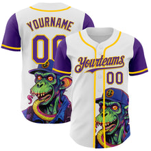 Laden Sie das Bild in den Galerie-Viewer, Custom White Purple-Yellow 3D Pattern Design Rave Monster Authentic Baseball Jersey