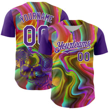 Laden Sie das Bild in den Galerie-Viewer, Custom Purple White 3D Pattern Design Rave Psychedelic Liquid And Skull Authentic Baseball Jersey