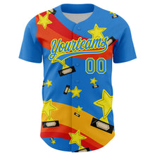 Загрузить изображение в средство просмотра галереи, Custom Electric Blue Light Yellow 3D Pattern Design Champion Trophy Authentic Baseball Jersey