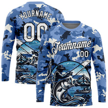 Laden Sie das Bild in den Galerie-Viewer, Custom Light Blue White-Black 3D Pattern Design Big Bass Fish Fishing Performance T-Shirt