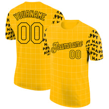 Load image into Gallery viewer, Custom Gold Black 3D Pattern Design Happy Smile Performance T-Shirt
