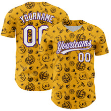 Laden Sie das Bild in den Galerie-Viewer, Custom Gold White-Purple 3D Halloween Authentic Baseball Jersey