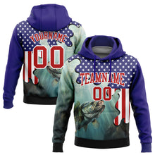 Load image into Gallery viewer, Custom Stitched Dark Purple Red-White 3D American Flag And Largemouth Bass Fish Fishing Sports Pullover Sweatshirt Hoodie