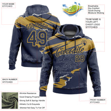 Laden Sie das Bild in den Galerie-Viewer, Custom Stitched Navy Old Gold 3D Pattern Design Torn Paper Style Sports Pullover Sweatshirt Hoodie
