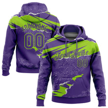 Charger l'image dans la galerie, Custom Stitched Purple Neon Green 3D Pattern Design Torn Paper Style Sports Pullover Sweatshirt Hoodie