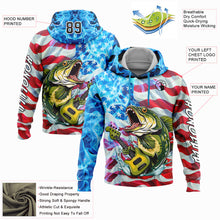 Загрузить изображение в средство просмотра галереи, Custom Sky Blue Black-Red 3D American Flag And Largemouth Bass Fish Fishing Sports Pullover Sweatshirt Hoodie