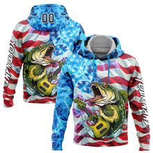 Загрузить изображение в средство просмотра галереи, Custom Sky Blue Black-Red 3D American Flag And Largemouth Bass Fish Fishing Sports Pullover Sweatshirt Hoodie