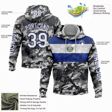 Custom Camo White-Navy 3D El Salvador El Salvadoran Flag Sports Pullover Sweatshirt Salute To Service Hoodie