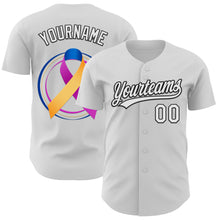 Загрузить изображение в средство просмотра галереи, Custom White Purple Yellow Navy-Black 3D Bladder Cancer Ribbon Authentic Baseball Jersey