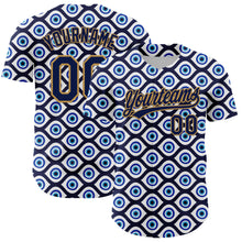 Загрузить изображение в средство просмотра галереи, Custom White Navy-Old Gold 3D Pattern Design Evil Eyes Authentic Baseball Jersey