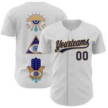 Загрузить изображение в средство просмотра галереи, Custom White Navy-Old Gold 3D Pattern Design Evil Eyes Authentic Baseball Jersey