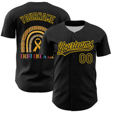 Laden Sie das Bild in den Galerie-Viewer, Custom Black Yellow 3D Childhood Cancer Gold Ribbon Authentic Baseball Jersey