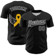 Laden Sie das Bild in den Galerie-Viewer, Custom Black White-Yellow 3D Childhood Cancer Gold Ribbon Authentic Baseball Jersey