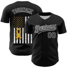 Laden Sie das Bild in den Galerie-Viewer, Custom Black White-Yellow 3D Childhood Cancer Gold Ribbon American Flag Authentic Baseball Jersey