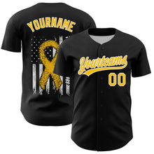 Загрузить изображение в средство просмотра галереи, Custom Black Yellow-White 3D Childhood Cancer Gold Ribbon American Flag Authentic Baseball Jersey