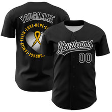 Laden Sie das Bild in den Galerie-Viewer, Custom Black Yellow-White 3D Childhood Cancer Gold Ribbon Authentic Baseball Jersey