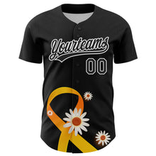 Laden Sie das Bild in den Galerie-Viewer, Custom Black Yellow-White 3D Childhood Cancer Gold Ribbon Authentic Baseball Jersey