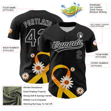Laden Sie das Bild in den Galerie-Viewer, Custom Black Yellow-White 3D Childhood Cancer Gold Ribbon Authentic Baseball Jersey