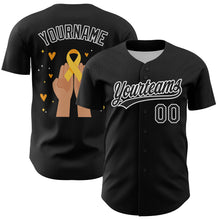 Laden Sie das Bild in den Galerie-Viewer, Custom Black Yellow-White 3D Childhood Cancer Gold Ribbon Authentic Baseball Jersey