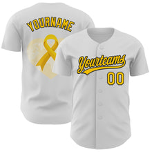 Laden Sie das Bild in den Galerie-Viewer, Custom White Yellow-Black 3D Childhood Cancer Gold Ribbon Authentic Baseball Jersey
